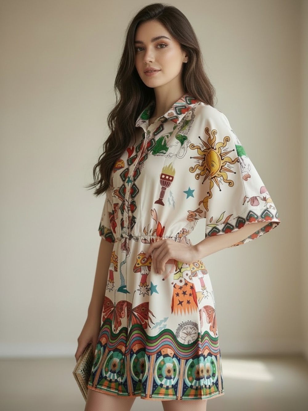 RARE Cream Romper with Multicolor Sun & Geometric Print Size M